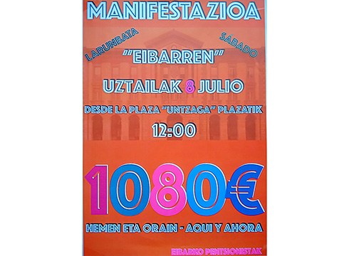 1.080 euroko gutxieneko pentsioa aldarrikatzeko manifestazioa egingo da bihar 12:00etan