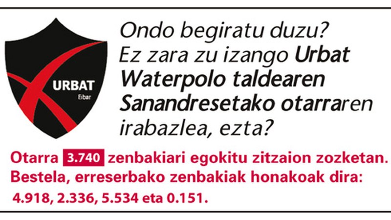 3.740 zenbakiak irabazi du Urbat waterpolo taldearen otarra
