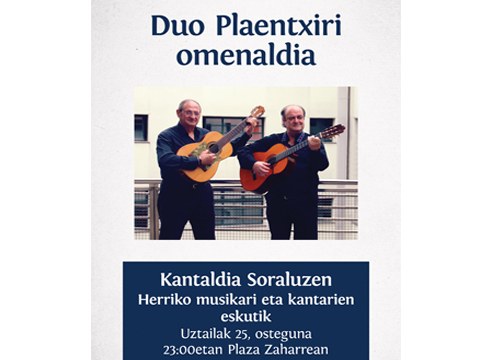 Duo Plaentxiri omenaldia egingo zaio uztailaren 25ean Soraluzen