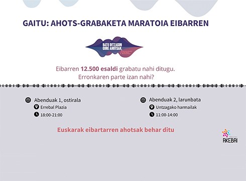 Ahots-grabaketa maratoia antolatu du Eibarren AKEBAI-k abenduaren 1 eta 2rako