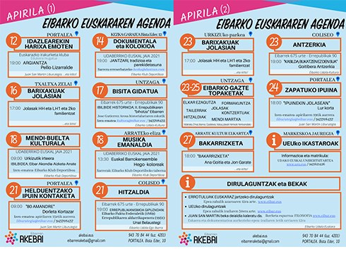 Apirileko euskararen agenda argitaratu du Eibarren Akebai plataformak
