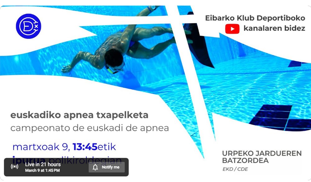 Bihar Ipuruan jokatuko den Euskadiko Apnea Txapelketa streaming bidez jarraitu ahalko da Klub Deportiboko YouTube kanalean