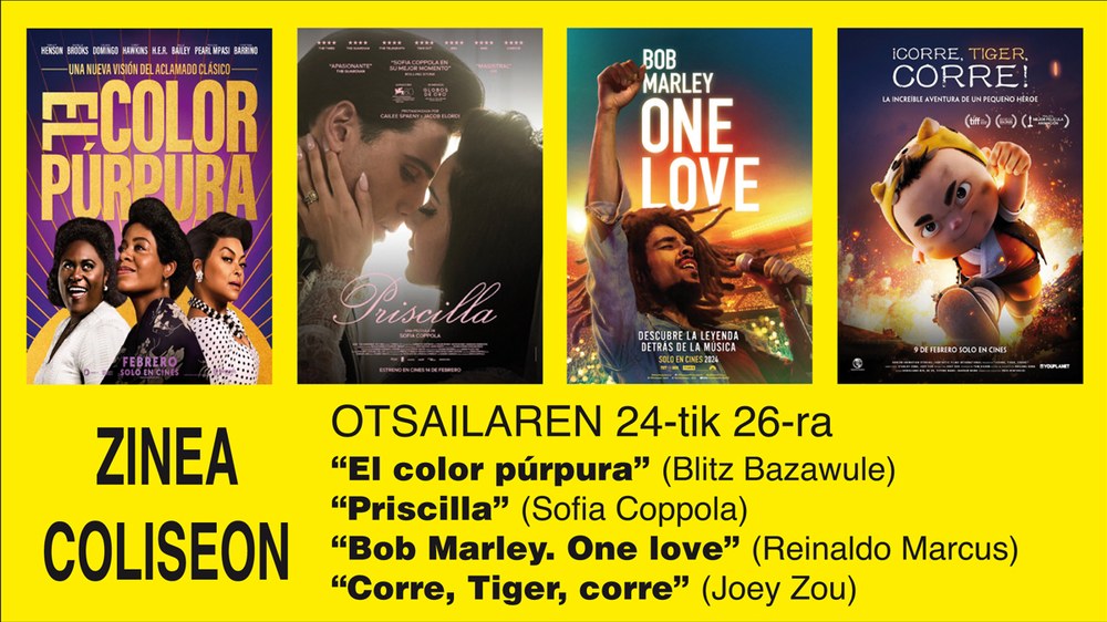 “Bob Marley. One love” eta “Corre, Tiger, corre” Coliseoko zine-karteldegian