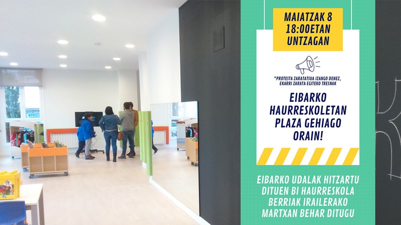 Eibarko haurreskoletan plaza gehiago eskatzeko protesta zaratatsua egingo dute eguenean udaletxe aurrean