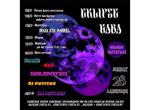 Eklipse Gaba ospatuko dute zapatuan gaztetxean