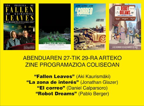 “El correo” eta “Robot Dreams” filmak asteburuko Coliseo antzokiko zine karteldegian