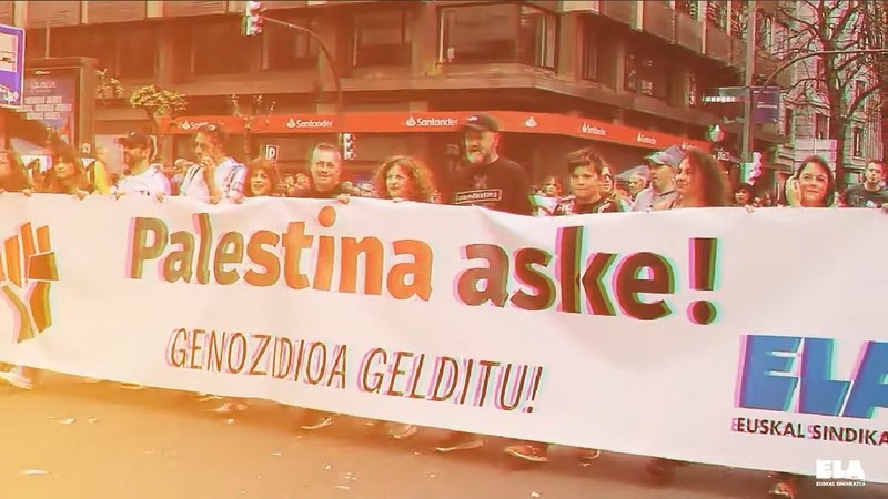 ELA sindikatuak lanuzteak eta mobilizazioak deitu ditu biharko, genozidioa gelditzea eta Israeli boikota egitea eskatzeko