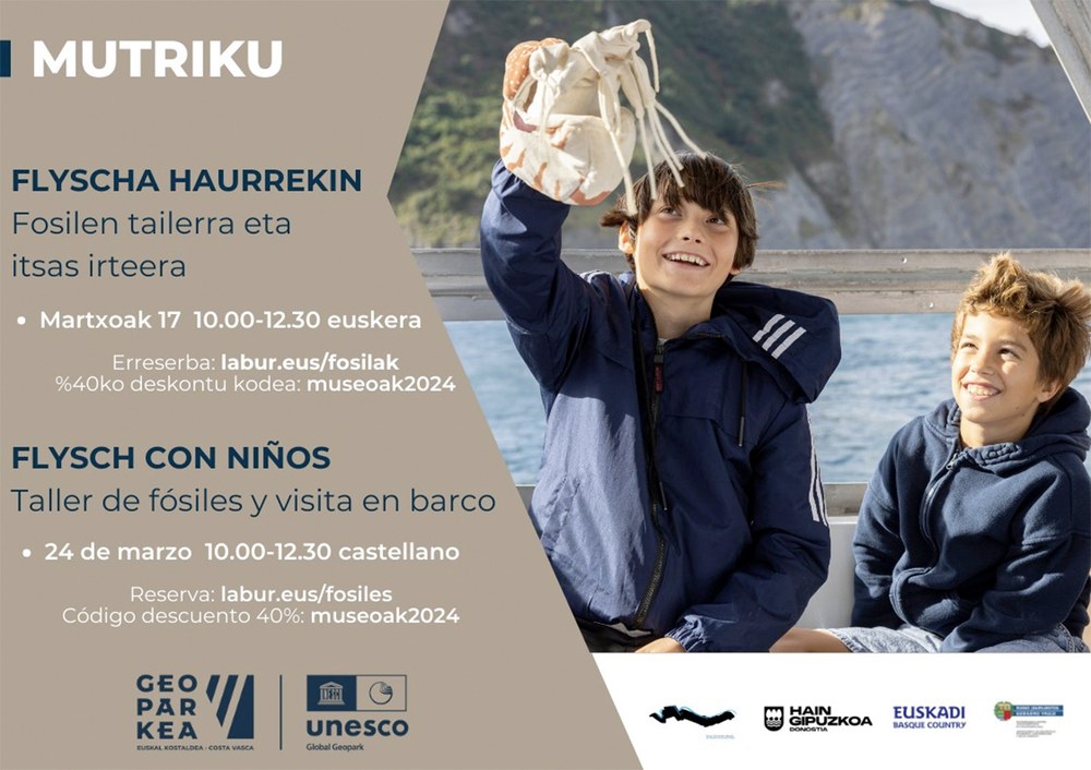 Fosilen tailerra eta itsas-irteera egiteko bisitak antolatu ditu Geoparkeak, haurrentzat bereziki