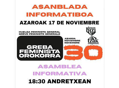 Greba feministari buruzko azalpenak emateko asanblada egingo da barixakuan, 18:30ean Andretxean