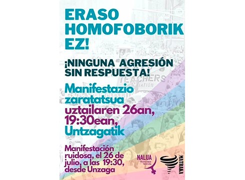 Herrian gertatutako eraso homofobo bat salatzeko manifestazioa egingo dute hilaren 26an