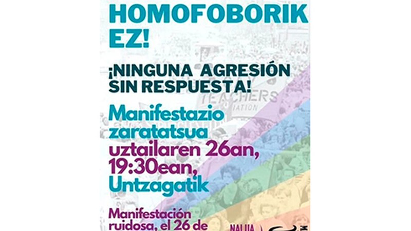 Herrian gertatutako eraso homofobo bat salatzeko manifestazioa egingo dute hilaren 26an