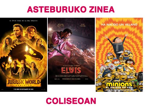 “Jurassic World. Dominion” eta “Elvis” pelikulak astebururako zine karteldegian