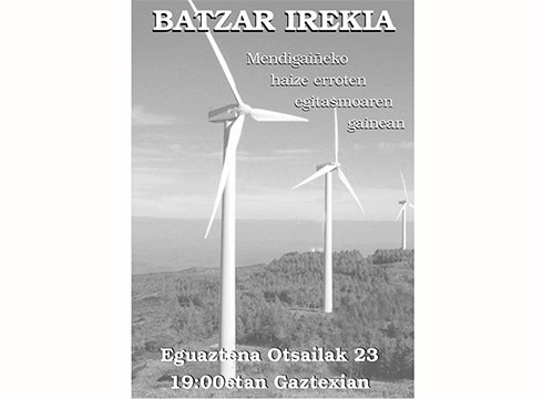 Karakaten parke eolikoa egiteko proiektuari buruzko batzarra egingo da gaur Soraluzeko Gaztetxean