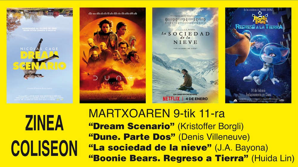 “La sociedad de la nieve” eta “Dune. Parte Dos” pelikulek jarraitzen dute zine-karteldegian