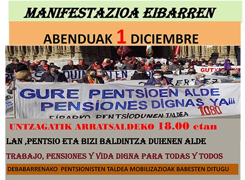 Lan, pentsio eta bizi baldintza duinen aldeko manifestazioa egingo da gaur 18:00etan