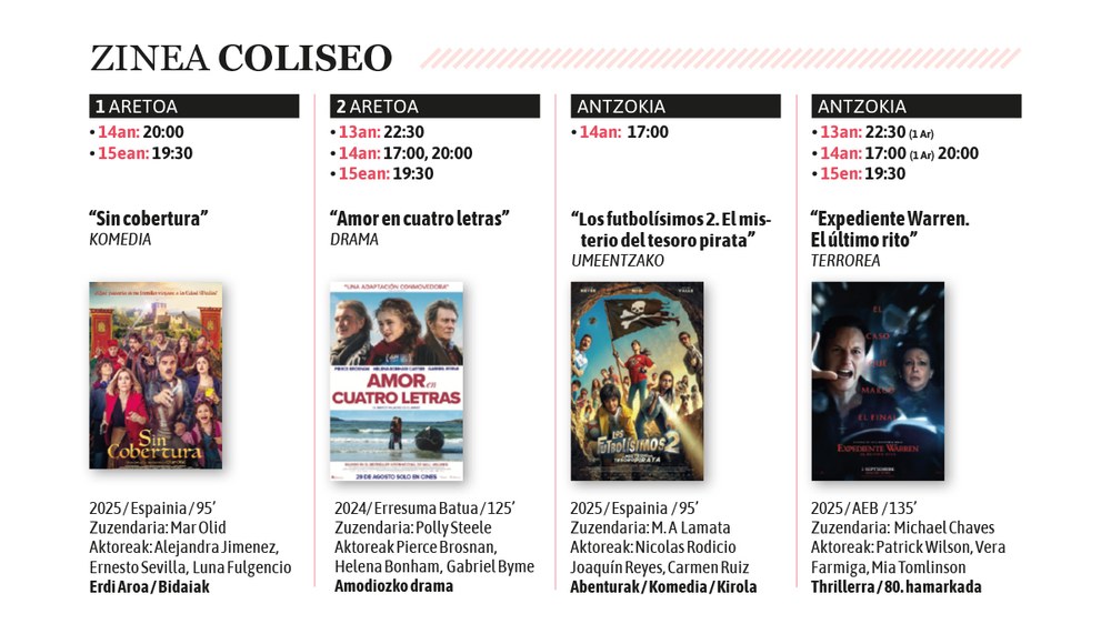 Lau film eskainiko dira Coliseoan, irailaren 13tik 15era bitarte