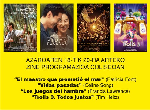 “Los juegos del hambre” eta “Vidas pasadas” gehitzen dira Coliseo antzokiko zine-karteldegira