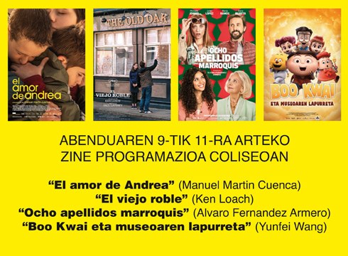 “Ocho apellidos marroquís”, “El amor de Andrea”, “El viejo roble” eta “Boo Kwai” asteburuko zine karteldegian