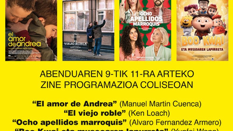 “Ocho apellidos marroquís”, “El amor de Andrea”, “El viejo roble” eta “Boo Kwai” asteburuko zine karteldegian