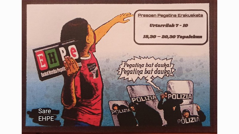 Sarek eta Euskal Herriko Pegatineroen Elkarteak presoen pegatina erakusketa zabaldu dute gaur Topalekuan
