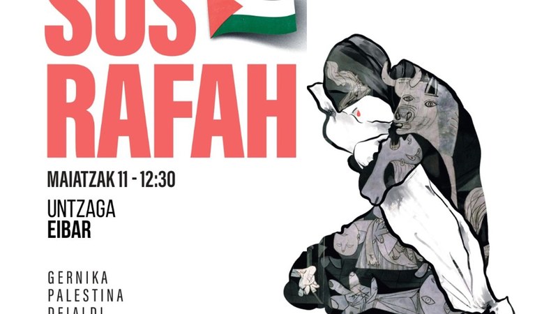 “SOS Rafah” goiburuari jarraituta manifestazioa egingo da zapatuan, Gernika-Palestina Herri Ekimenaren deialdiarekin bat eginda