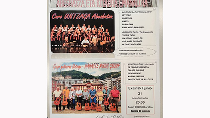Untzaga Abesbatzak eta Nahaste Music Group gitarra taldeek kontzertua emango dute gaur