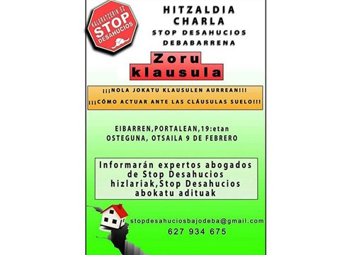 Zoru klausularen inguruko hitzaldia gaur "Kaleratzerik Ez Stop Desahucios" elkartearen eskutik