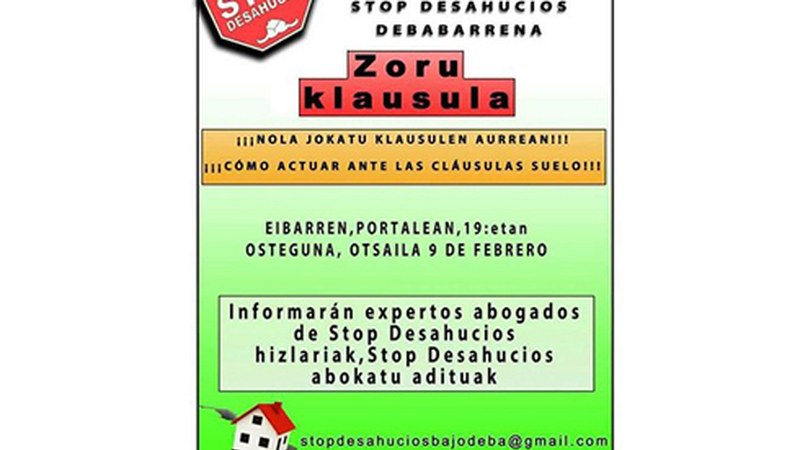 Zoru klausularen inguruko hitzaldia gaur "Kaleratzerik Ez Stop Desahucios" elkartearen eskutik